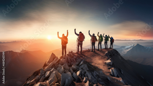 A team of trekkers forming a human chain of victory on the mountain peak