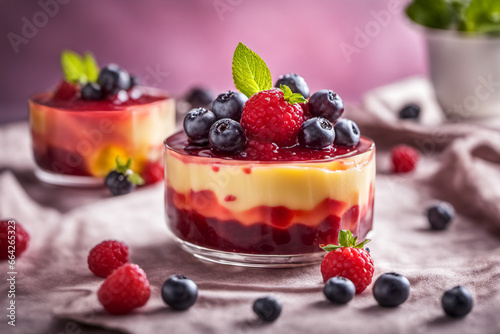 Colorful and delicious pudding served with various types of berries for a mellow taste
