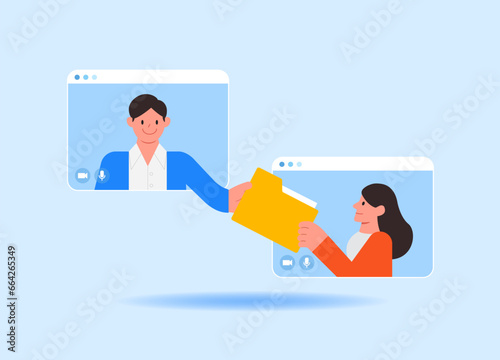 Colleagues sharing materials. Business discussion. Video call conference, working from home, social distancing. Modern vector illustration in flat style.