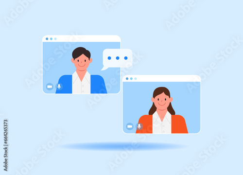 Video conference call of group meeting using laptop computer chatting with colleagues online. Remote Work, Online webinar, Technology concept vector illustration.