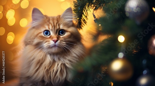 Holiday background with a cat near the Christmas tree.