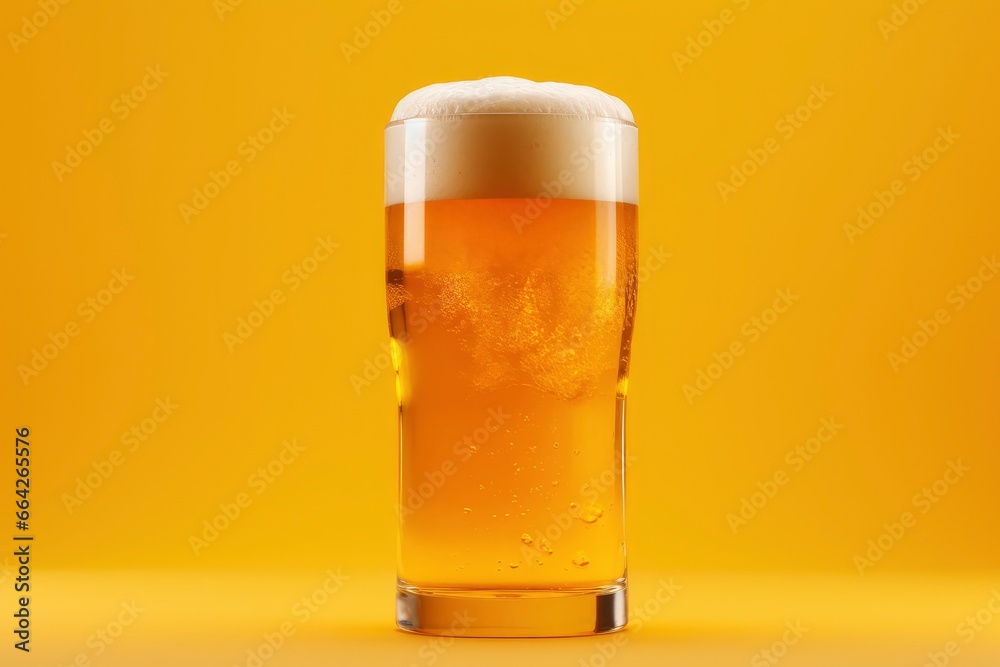 Beer glass with full beer isolated with a yellow background. Beer glass with full beer isolated with a yellow background.