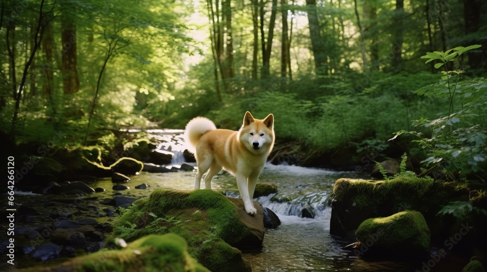 Akita Inu Hiking in Lush Forest with Sun-Dappled Trails and Babbling Stream Akita Inu Hiking in Lush Forest with Sun-Dappled Trails and Babbling Stream