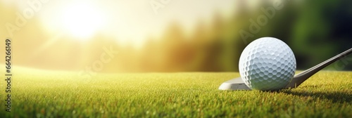 Golf ball on the grass of the golf club. Banner
