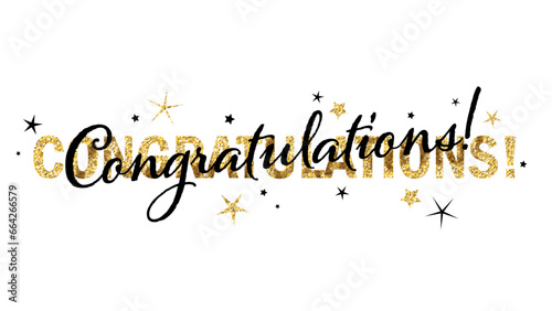 CONGRATULATIONS! gold glitter and black vector typography banner with stars on white background