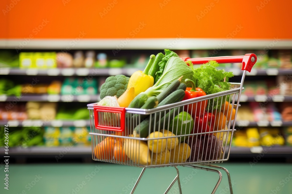 Close up of full shopping cart in grocery store.