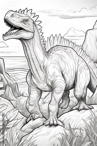 Anti stress coloring book page of dinosaur in a line art hand drawn style for kids and teens