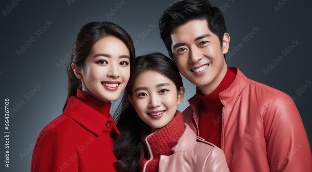 happy vogue fashion family wearing color clothes, taking a picture, professional studio colors background