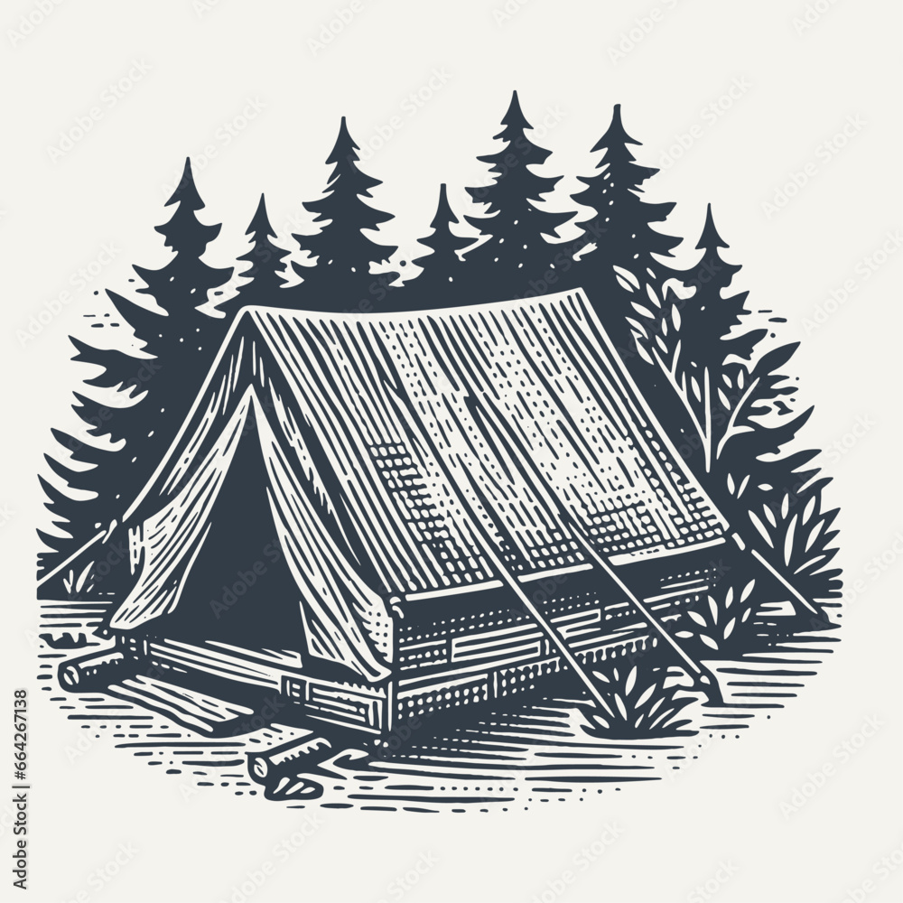 Fototapeta premium Tent in a forest. Vintage woodcut engraving style vector illustration.