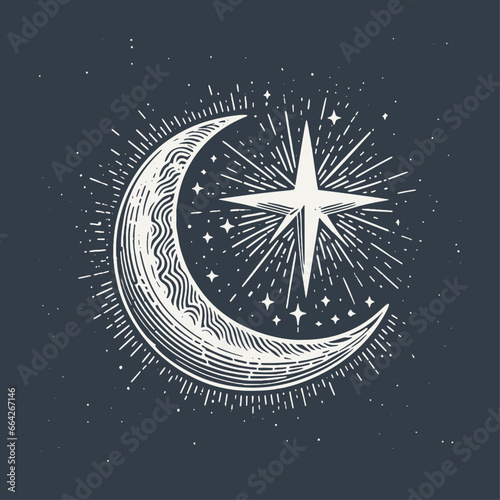 Moon and star. Vintage woodcut engraving style vector illustration on dark background.