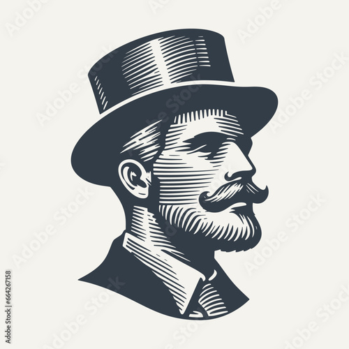 Logo icon of gentleman with top hat. Vintage woodcut engraving style vector illustration.