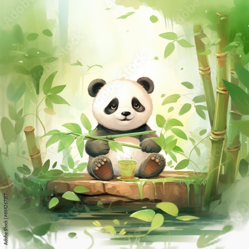 Cute panda in the middle of a bamboo forest. T-shirt design. photo