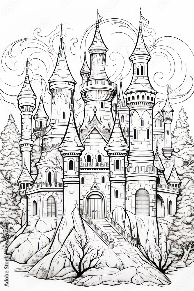 Coloring book page of a great fantasy castle in a line art hand drawn style for kids and teens