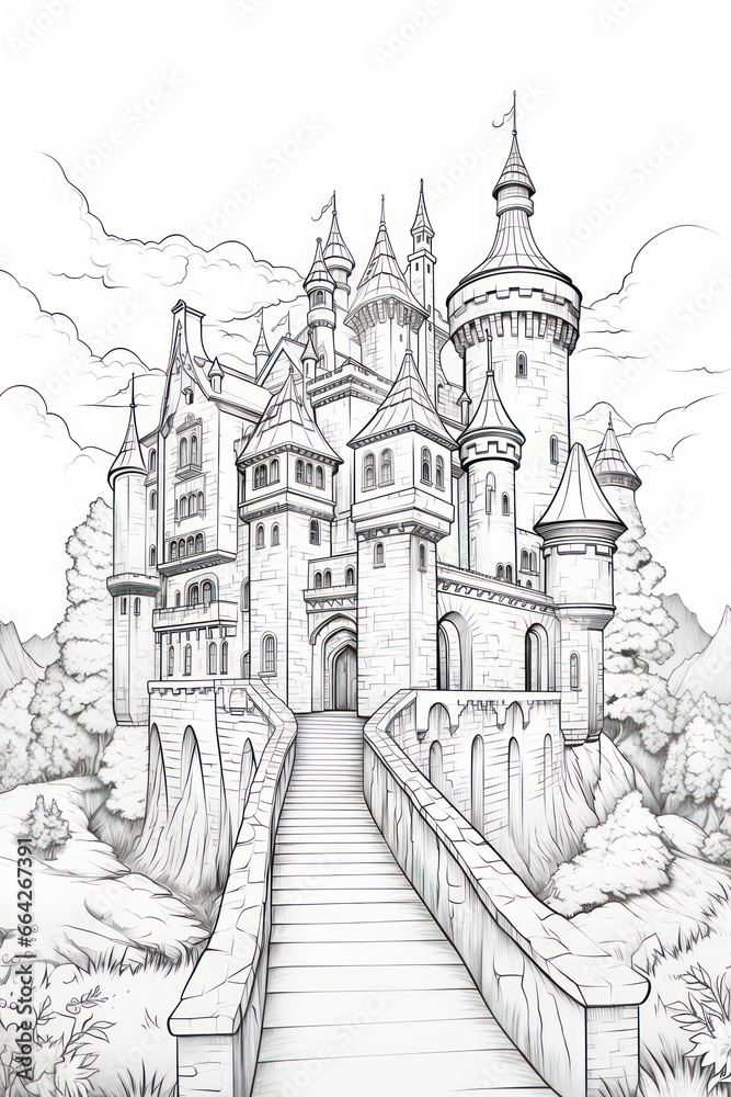 Coloring book page of a great fantasy castle in a line art hand drawn style for kids and teens