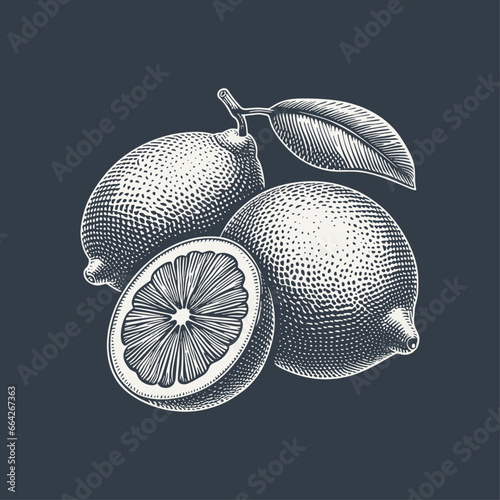 Composition of lemons. Vintage woodcut engraving style vector illustration on dark background.
