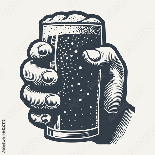Hand holding a glass fizzy drink. Vintage woodcut engraving style vector illustration.