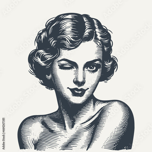Retro girl winking. Vintage woodcut engraving style vector illustration. photo