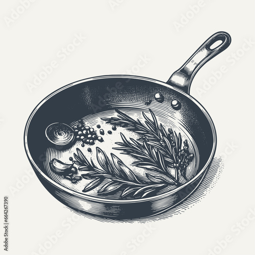Metal pan with garlic onion and rosemary. Vintage woodcut engraving style vector illustration.
