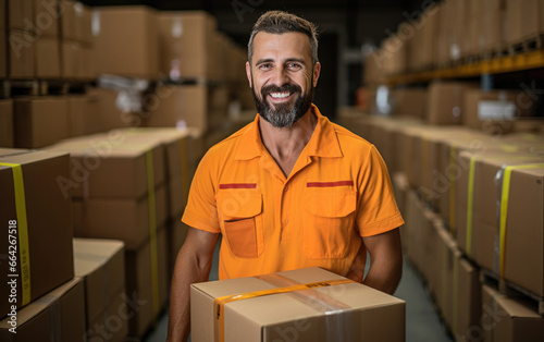 Employee holding a box and smiling in a warehouse wearing bright solid color cloth