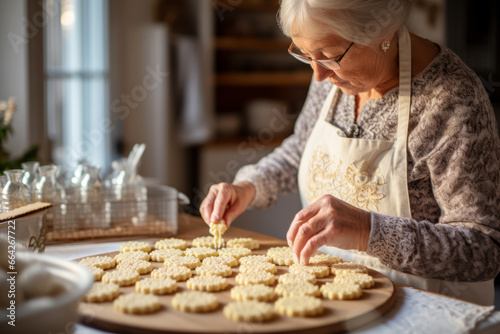 Elderly woman meticulously preparing homemade cookies in a sunlit, cozy kitchen.