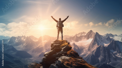 A mountain conqueror, arms outstretched, reveling in their hard-earned success