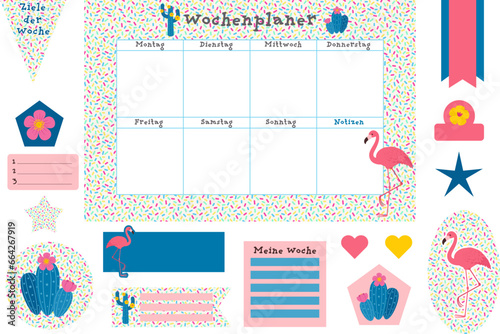 German weekly calendar. German inscriptions means "Weekly planner, Monday, Tuesday, Wednesday, Thursday, Friday, Saturday, Sunday, Notes, goal of the week, my week". Vector planner or organizer