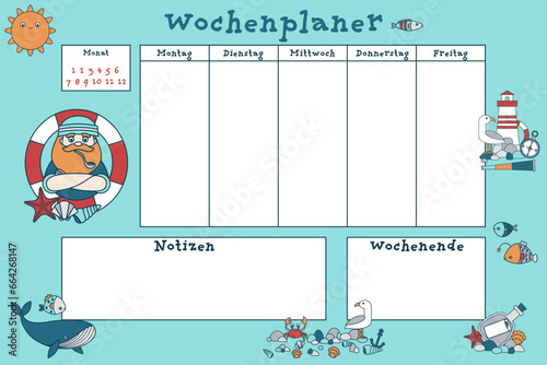 German weekly calendar. German inscriptions means "Weekly planner, Month, Monday, Tuesday, Wednesday, Thursday, Friday, Saturday, Sunday, Notes, Weekend". Vector planner or organizer, nautical theme.