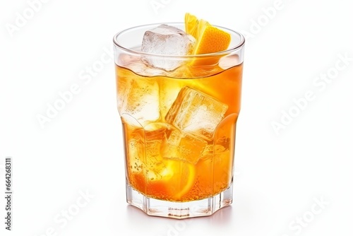 A glass of orange soda water with ice cubes on white background.