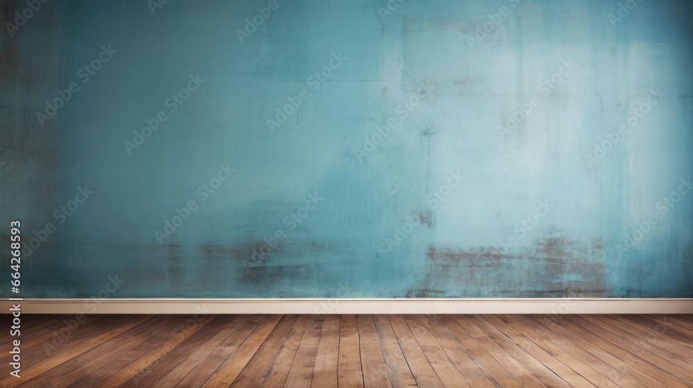old grungy vintage blue wall with wooden floor background with copy space - obrazy, fototapety, plakaty 