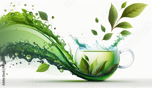 Green herbal tea wave splash with leaves flow.