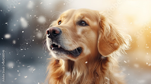 Gold Retriever  dog on snowing background. Christmas theme. Empty space for text.