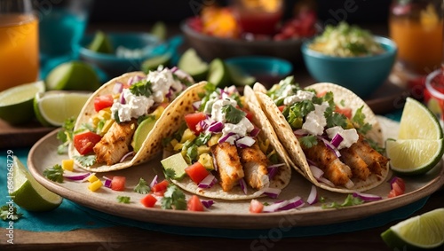 A plate of fish tacos, emphasizing the variety of fresh toppings and colorful presentation.