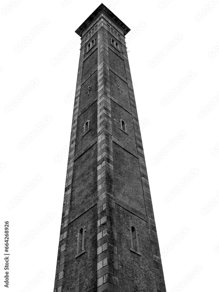 High brick tower construction over white background