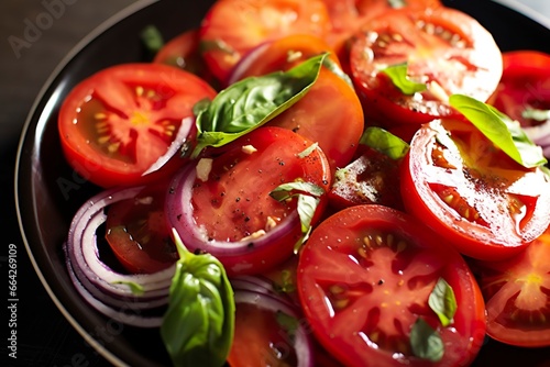 Healthy tomato salad with onion basil olive oil and balsamic vinegar.