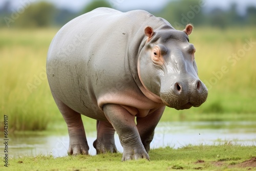 Hippopotamus Walking in a green field. © AbulKalam