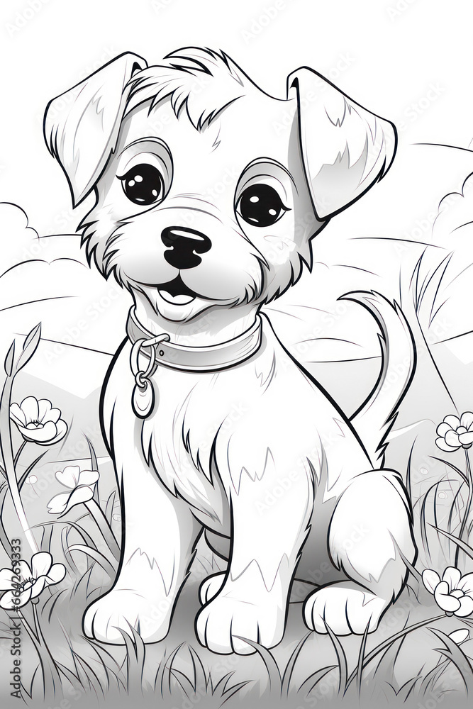 Coloring page outline of cartoon smiling cute little dog in a hand drawn style for kids Coloring page outline of cartoon smiling cute little dog in a hand drawn style for kids