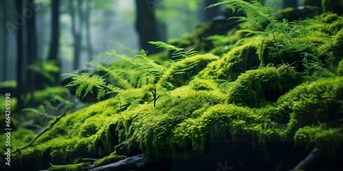 Green moss closeup  with a backdrop of woodland.  Forest in the national park.
