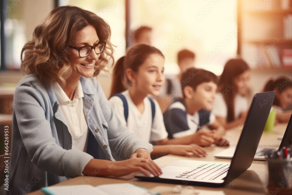 A woman using a laptop computer in a classroom setting. Fictional characters created by Generated AI. A woman using a laptop computer in a classroom setting. Fictional characters created by Generated AI.