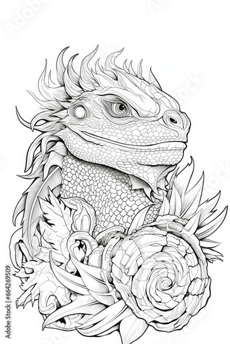 Wallpaper Mural coloring page with mandala ornaments of a bearded dragon head in a line art hand drawn style Torontodigital.ca
