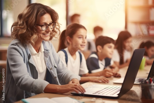 A woman using a laptop computer in a classroom setting. Fictional characters created by Generated AI.