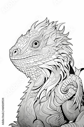 coloring page with mandala ornaments of a bearded dragon head in a line art hand drawn style