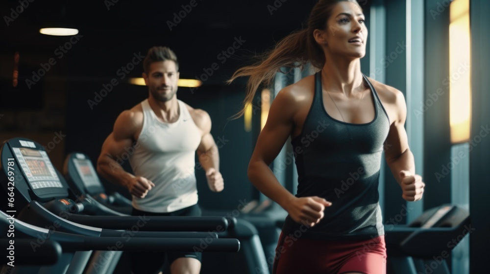 Fitness Center Couple Exercising Together. Fictional characters created by Generated AI.