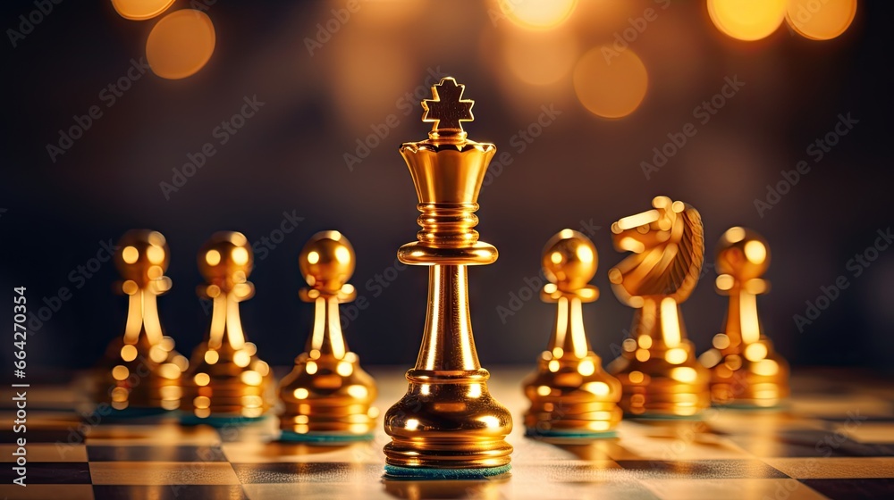 Chessboard with chess pieces and dim golden light representing the concept of chess strategy Chessboard with chess pieces and dim golden light representing the concept of chess strategy