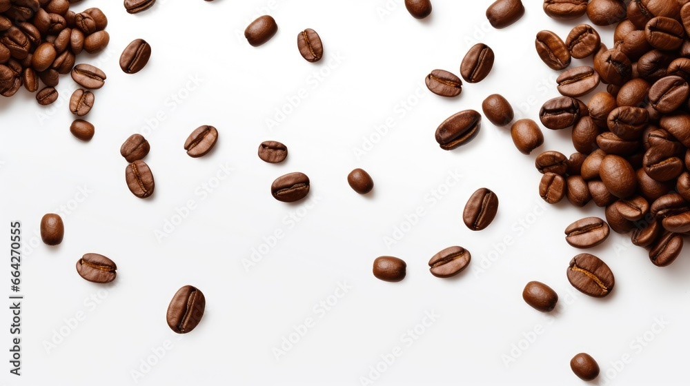 Obraz premium Coffee beans in flight descending in isolation with text Template for cafe menu or brochure featuring natural blurring and shallow depth