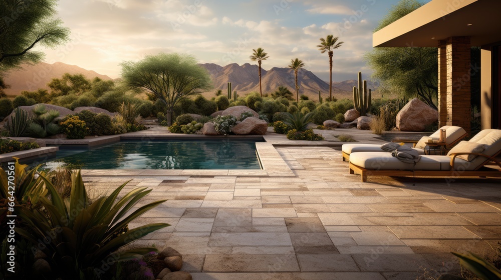 A desert backyard with a pebble tech pool and travertine patio