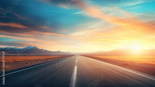 Blurred motion in the empty sunny summer road stretching towards the horizon at sunset