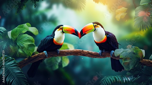 Colorful toucans on rainfor...