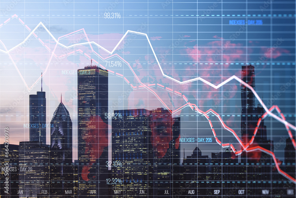 Creative glowing downward red forex chart on blurry city texture. Crisis, and stock market fall concept. Double exposure. - obrazy, fototapety, plakaty 
