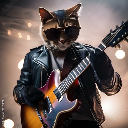 A cool cat in a leather jacket and shades, strumming an electric guitar on a stage3