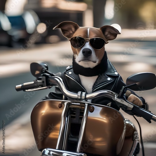 A stylish dog in a leather jacket and sunglasses, riding a custom motorcycle4 © Ai.Art.Creations